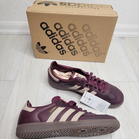 ADIDAS Sambas OG Sneakers In Maroon / Crystal Sand / Gold Metallic NWT 6.5. - Picture 10 of 16
